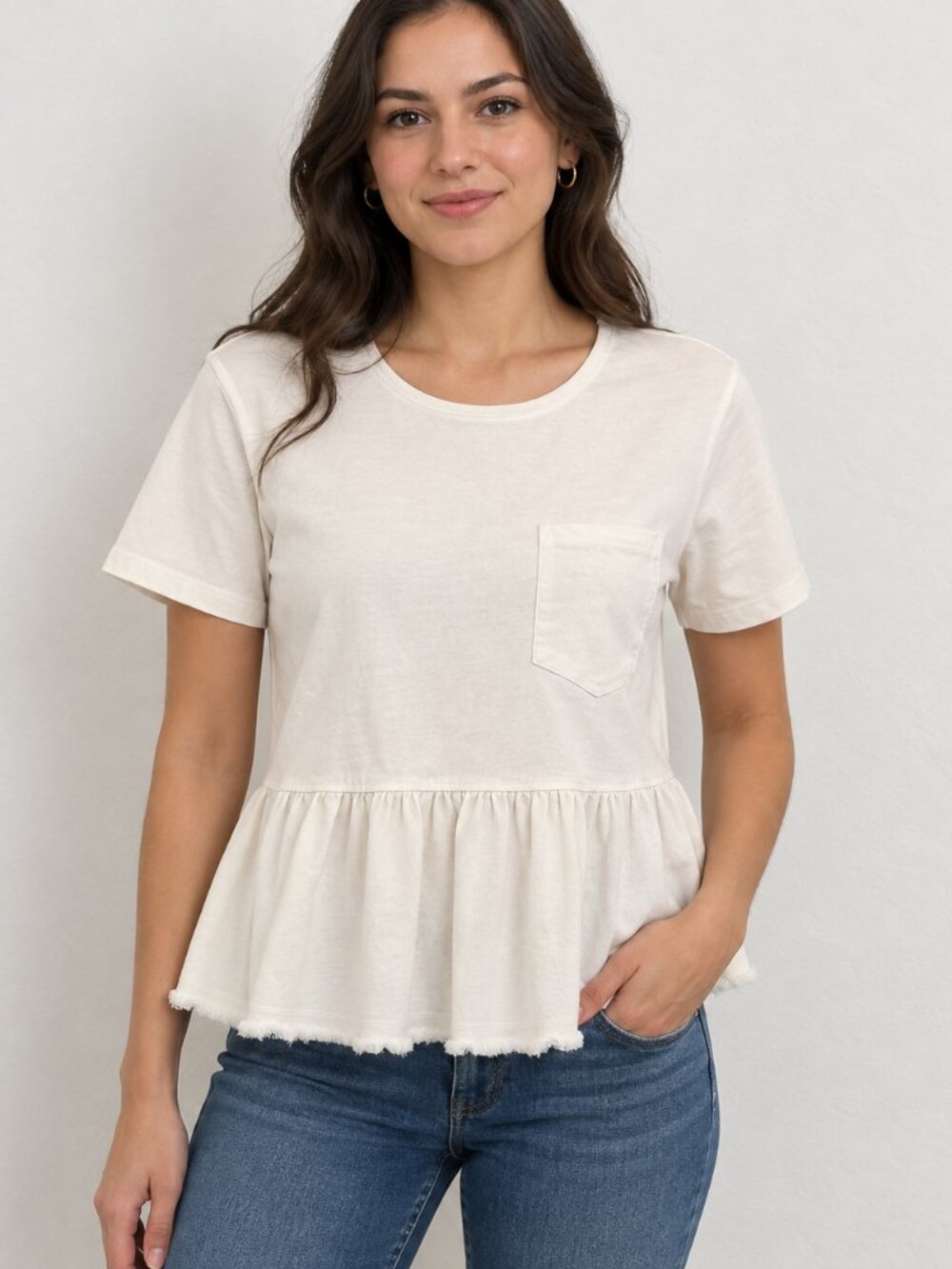 True Craft Ivory Peplum Top Short Sleeve Pocket Casual Size XS